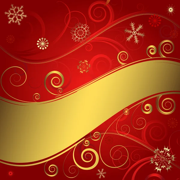 Red Christmas Background Golden Ribbons Swirls — Vector de stock