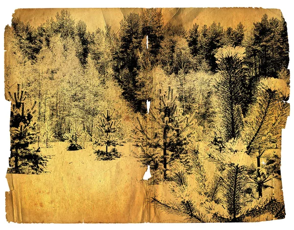 Antiguo papel amarillo torneado con paisaje —  Fotos de Stock