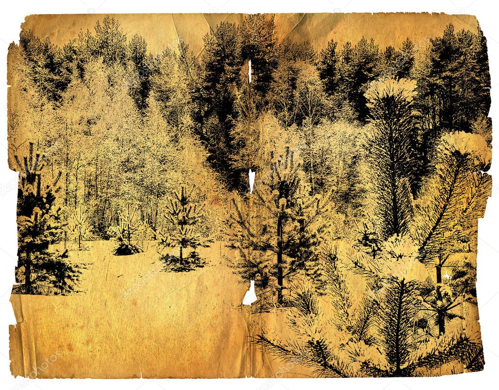Old turned yellow paper with landscape