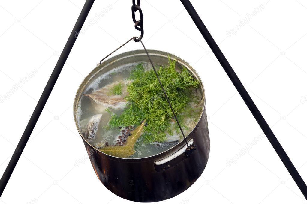 Fish soup in cooking pot