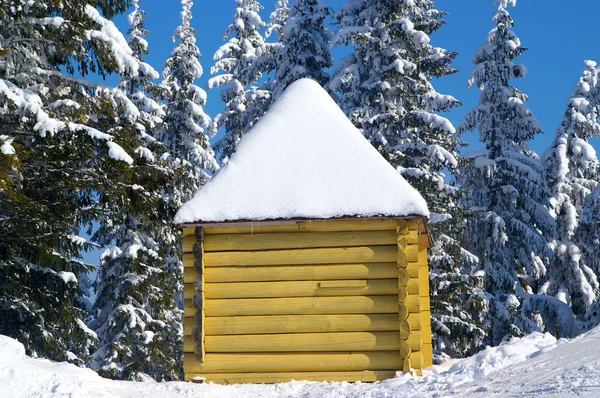 Бревенчатый дом в снежном лесу — стоковое фото