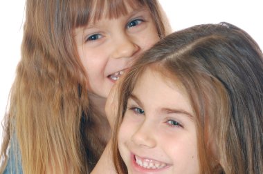 two sisters hugging on white background  clipart