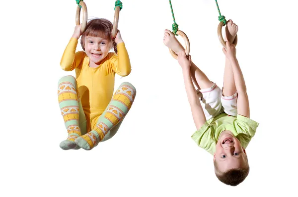 Little Children Doing Exercises Gymnastic Rings — Stockfoto
