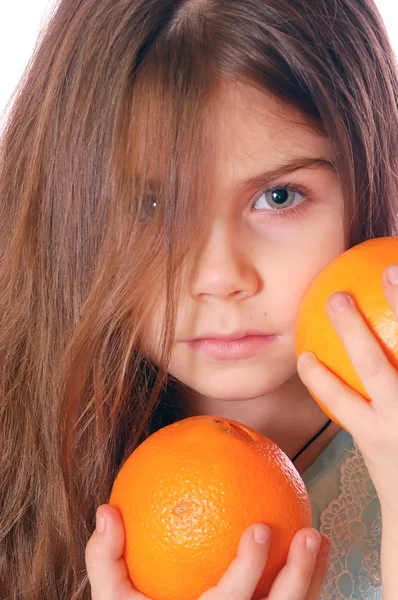 Portrait Little Girl Orange Fruit Isolated White — Zdjęcie stockowe