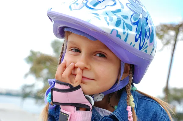 Cute Little Girl Blue Helmet Helmet Bicycle — Fotografia de Stock