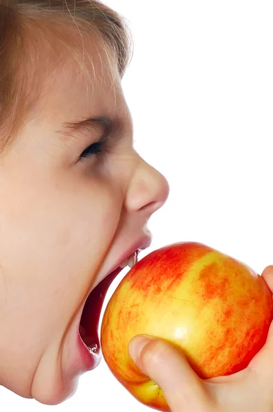 Girl Eating Apple Isolated White Background — Zdjęcie stockowe