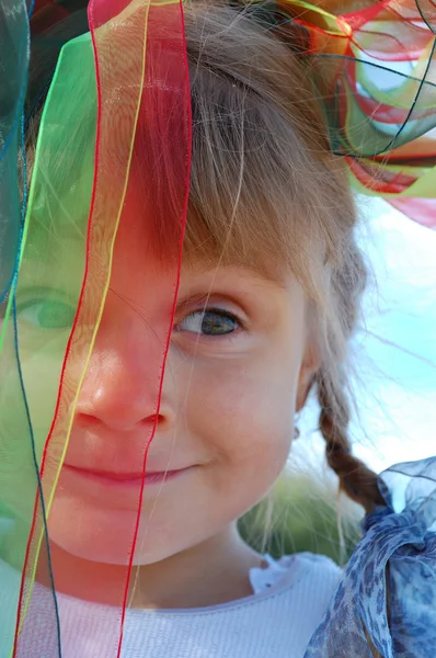 Portrait Little Girl Colorful Umbrella — 스톡 사진