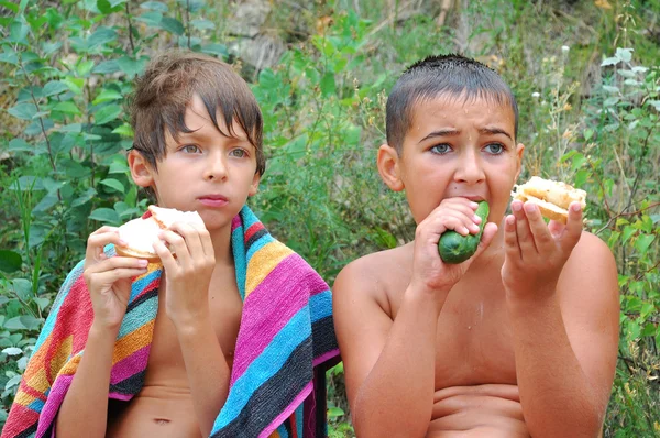 Two Boys Eating Watermelon — Stok fotoğraf