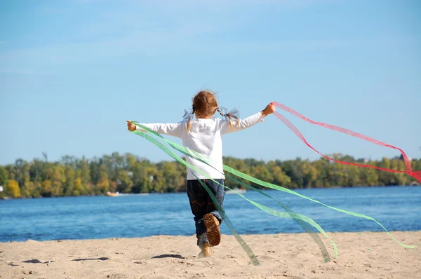 Happy Girl Jumping Kite Beach — Stockfoto