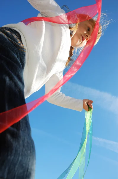 Girl Colorful Ribbons Blue Sky — Stockfoto