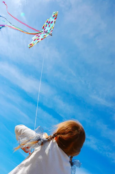 Beautiful Girl Flying Blue Sky Air — Foto de Stock