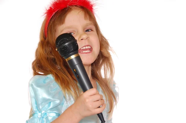 Cute Little Girl Microphone Isolated — Stockfoto