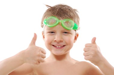 Child with goggles and thumbs up clipart