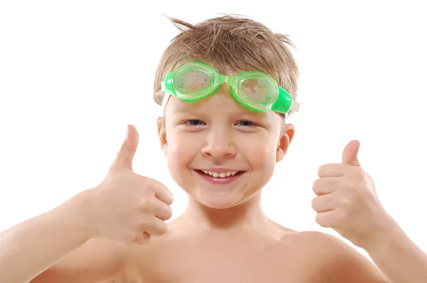 Child with goggles and thumbs up — Stock Photo, Image