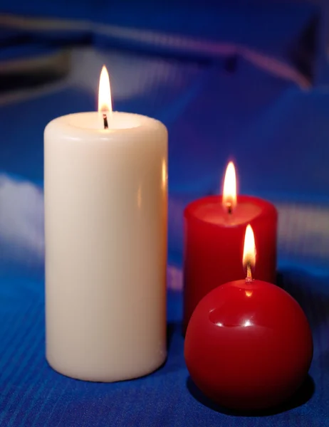 Two Candles Blue Cloth —  Fotos de Stock
