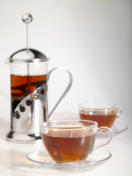 French-press with pair cups of tea — Stock Photo, Image