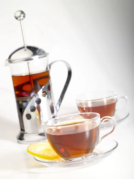 French press with pair of black tea cup — Stock Photo, Image