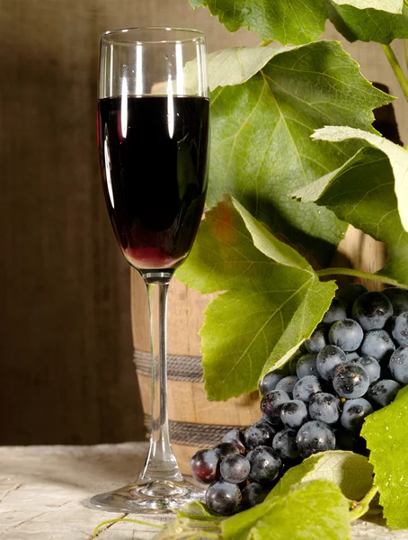 Vieux vin rouge avec la nature morte de raisin — Photo