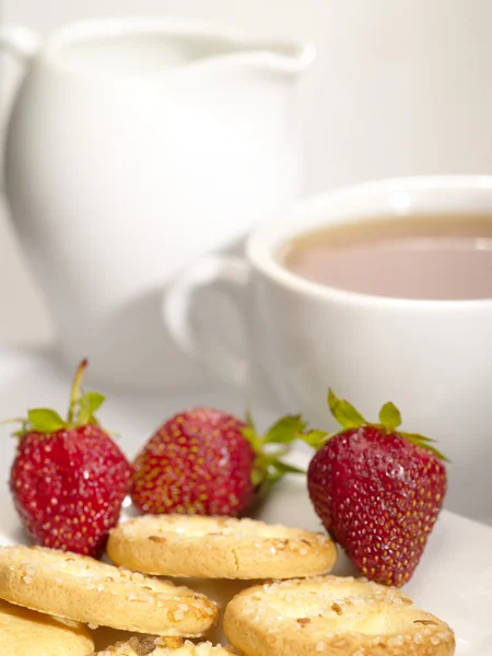 Tea cup with cookies and berry on the pl — Stock Photo, Image