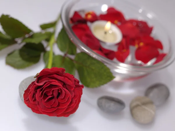 Натюрморт у ванній зі свічками та трояндою — стокове фото