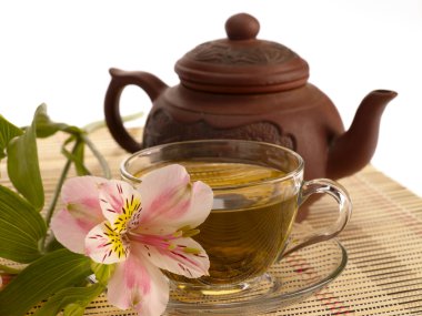 Tea ceremony. Green tea, flower and teap clipart
