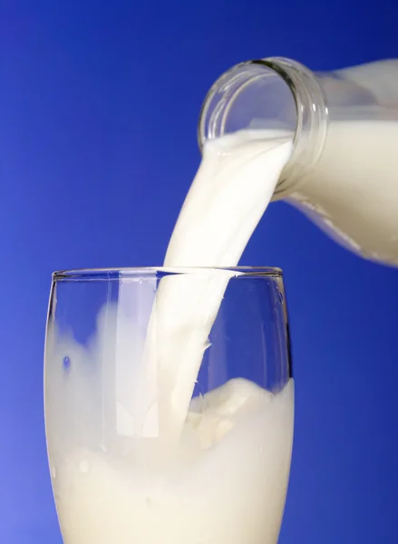 Milky stream. Glass and bottle of the mi — Stock Photo, Image
