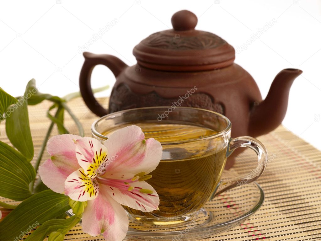 Tea ceremony. Green tea, flower and teap