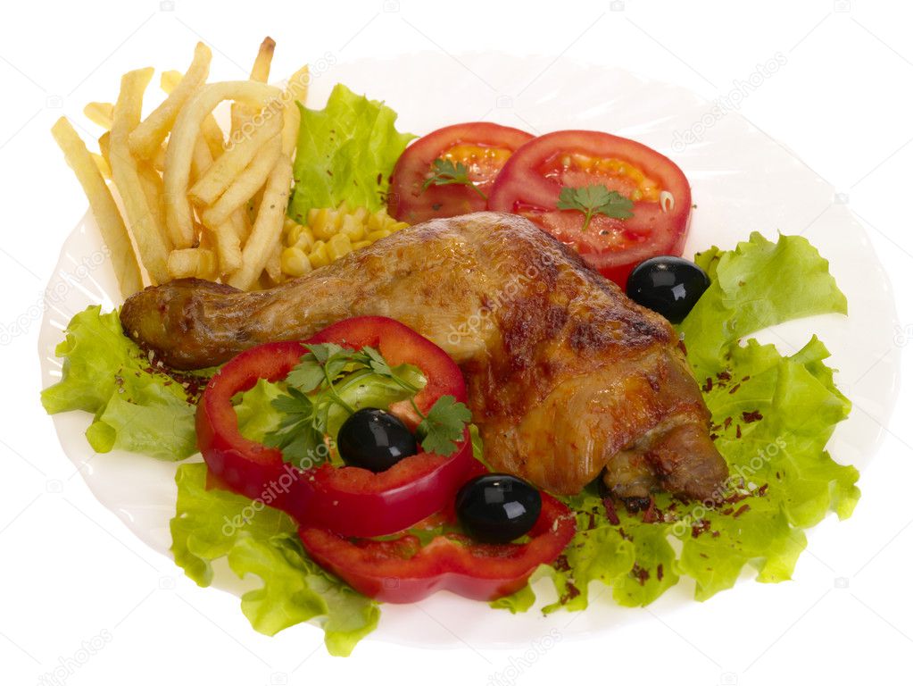 Grilled chicken leg with vegetables and