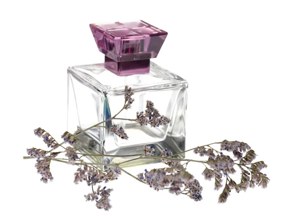 Vidrio de perfume con brezo — Foto de Stock