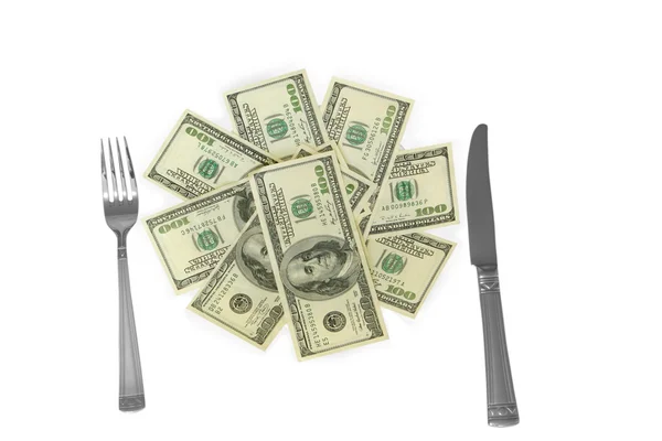 Dinero con cuchillo y tenedor —  Fotos de Stock