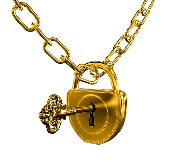 Goldschloss mit Schlüssel und Kette isoliert — Stockfoto