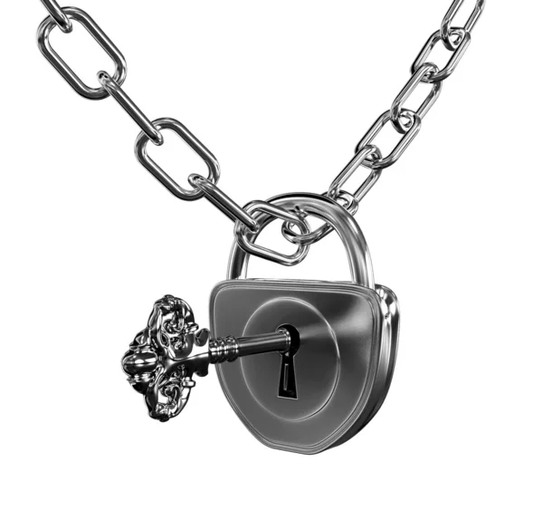 Prata fechadura com chave e cadeia isolada — Fotografia de Stock