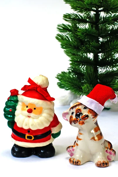 Santa Claus and tiger and christmas t — Stock Photo, Image