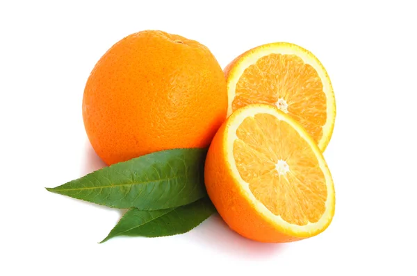 Ripe Orange Fruit Green Leaves White Background — Stockfoto