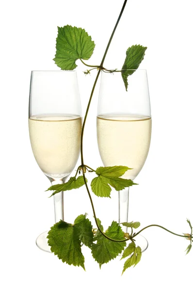 Two Glasses Champagne Leaves — Stock Photo, Image