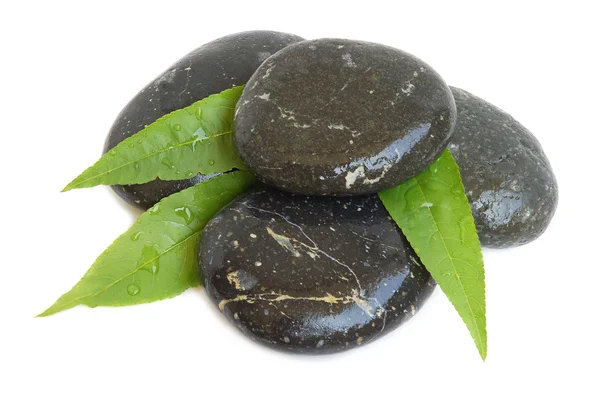 Kamienie lecznicze i liście zielone — Zdjęcie stockowe