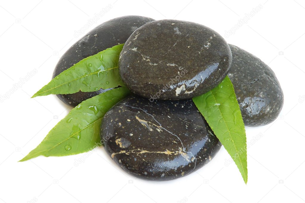 Spa stones and green leaves