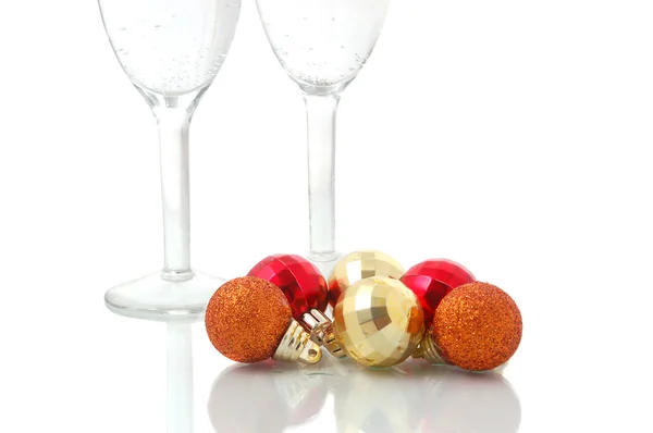 Christmas balls and champagne — Stock Photo, Image