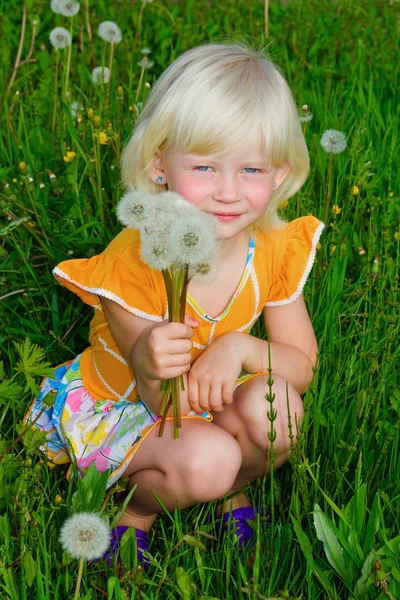 Dandelions ile küçük kız — Stok fotoğraf