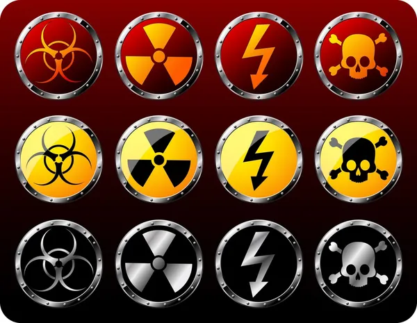 Steel shields with warning symbols — Stock Illustration Steel shields with warning symbols Royalty Free Stock Illustrations