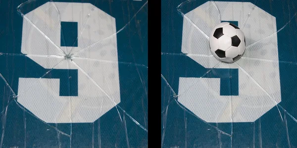 Liczba dziewięć rozbite szkło i piłka — Zdjęcie stockowe