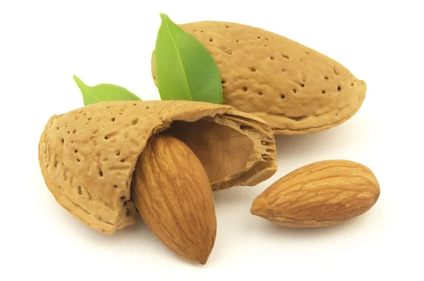 Almonds Leaves Nuts Isolated White Background Cutout — kuvapankkivalokuva