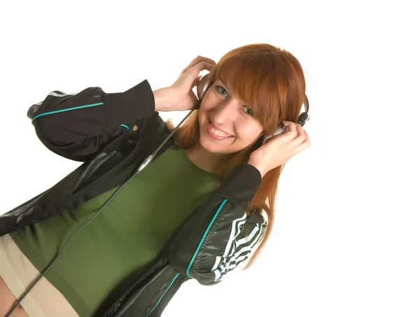 Rindo menina com fones de ouvido — Fotografia de Stock