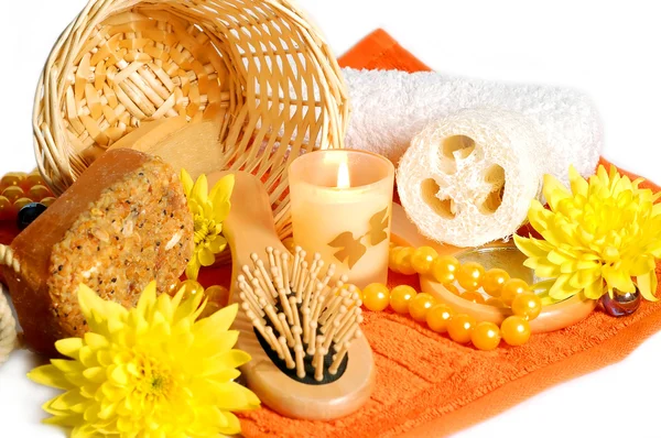stock image Spa still-life with candle and flowers