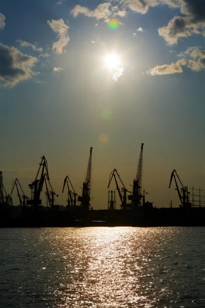 Silhouetten van havenkranen — Stockfoto