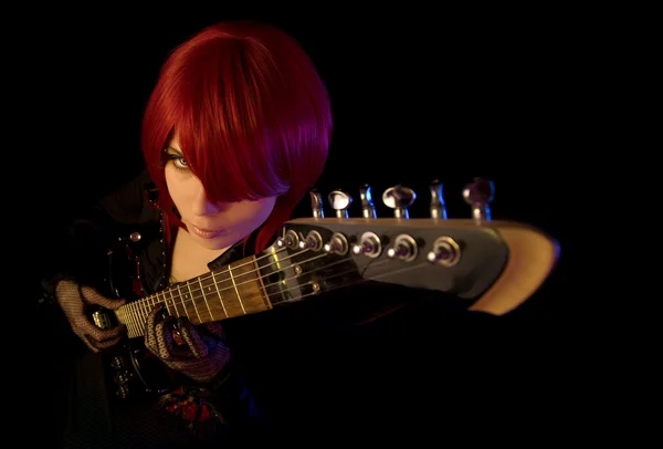 Szexi lány gitár, magas, szög, kilátás — Stock Fotó