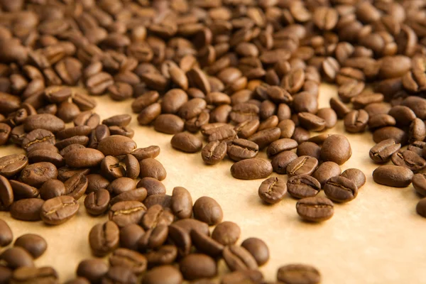 Kávové zrna na papíře — Stock fotografie