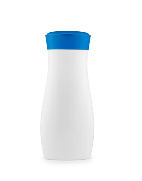 Mavi kapak ile beyaz plastik şişe — Stok fotoğraf