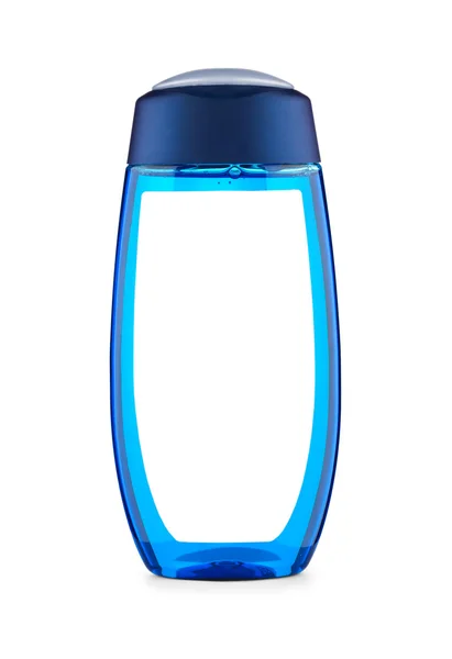 Голубая бутылка для душа с этикеткой — стоковое фото
