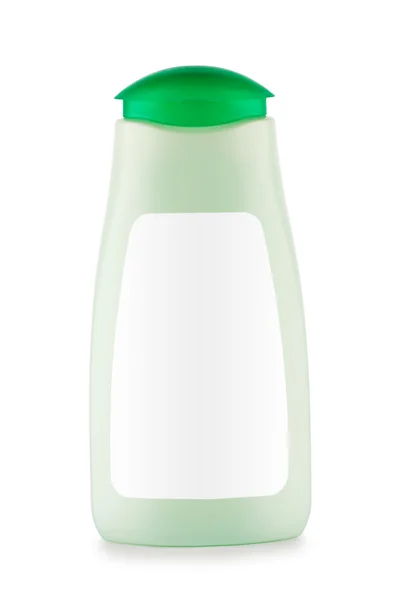 Zielone butelki szamponu na białym tle — Zdjęcie stockowe